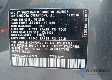 2019 Volkswagen Atlas 3.6L V6 Se W/Technology z USA, uszkodzony, nr VIN 1V2UR2CA6KC527872